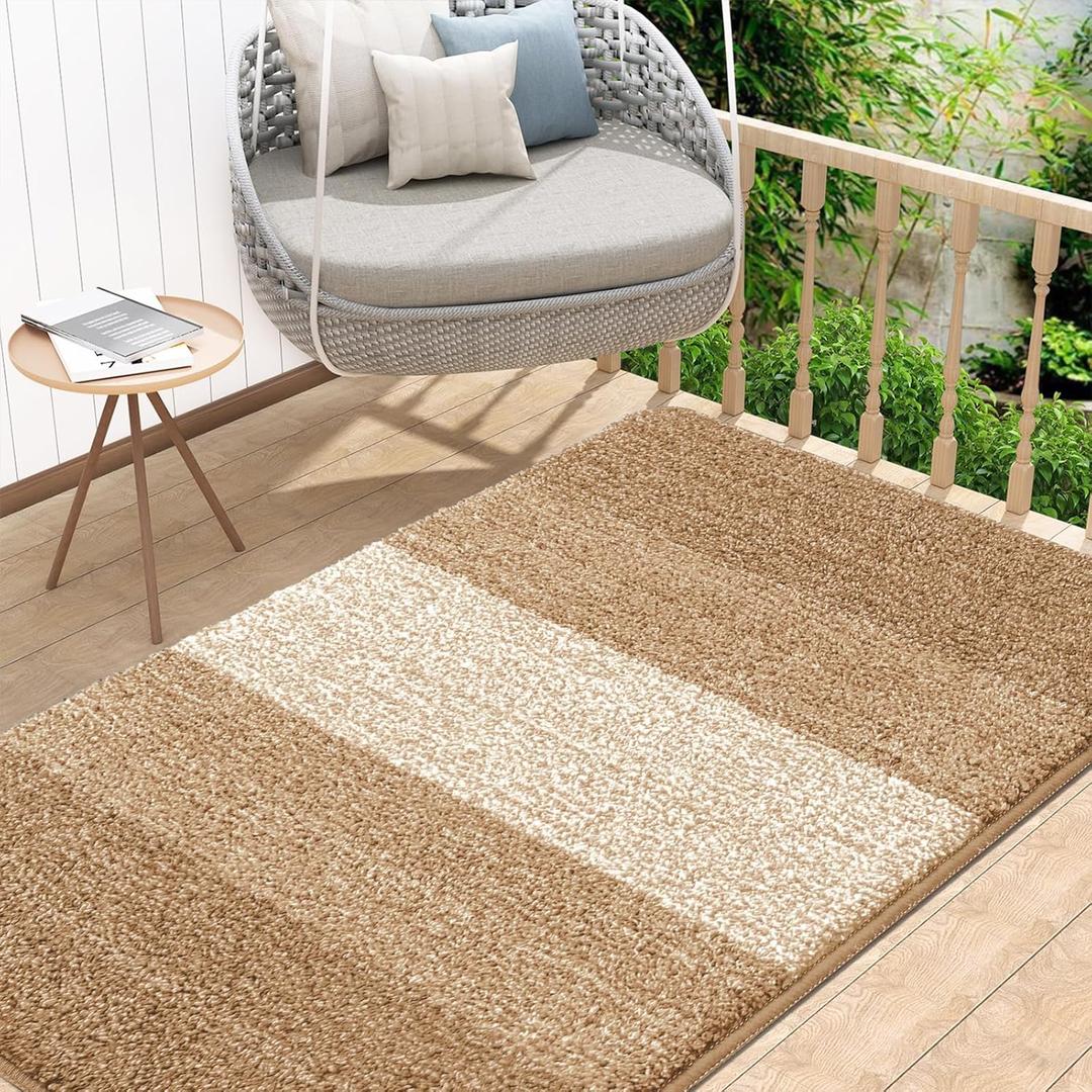 Kitinjoy Indoor Outdoor Door Mat, 48x32 Non-Slip Absorbent Dirt Trapper, Low-Profile Washable Inside Entrance Front Floor Mat, Sturdy Soft Entry Doormats for Entryway, Camel