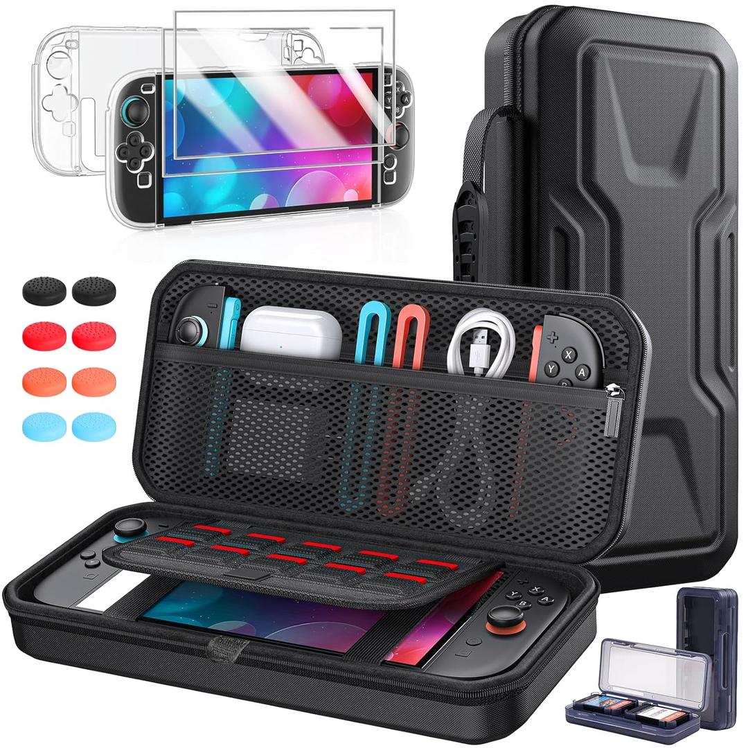 All in One Accessories Case Bundle for Nintendo Switch 2 2025, Portable Carrying Case & Clear Hard Cover Shell Case, 2 Screen Protector, 8 Thump Grips, Game Card Slots, for Travel & Storage