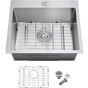 23 Inch Drop in Kitchen Sink Brushed, Stainless Steel Single Hole Single Bowl Topmount Kitchen Sinks with Drain Strainer & Grid, D23"xW18"xH9"