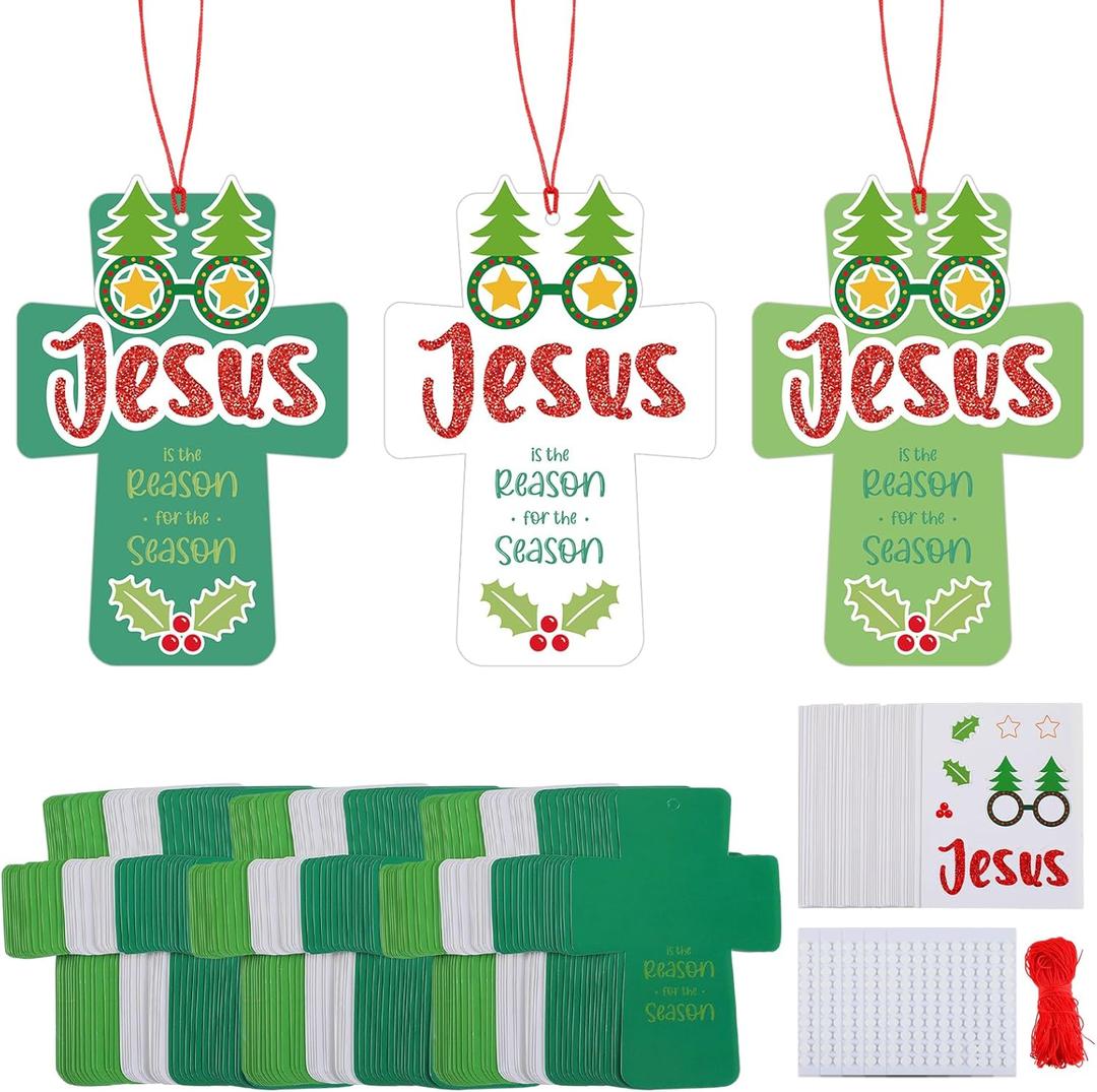 48 Set Jesus Is The Reason for The Season Ornament Craft Kit Christmas Bible Crafts for Kids Religious Christian Ornaments Craft DIY Crosses Sunday School Crafts for Xmas Religious Nativity