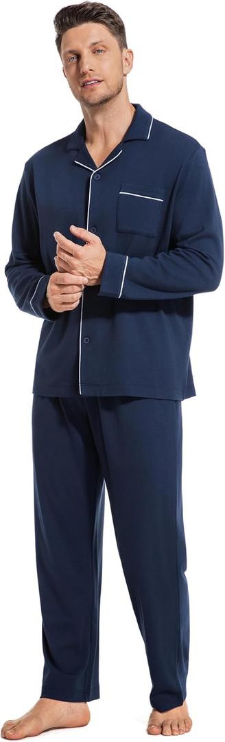 SlumberMee Mens Cotton Pajamas Set Soft Warm Long Sleeve Luxury Pjs 2 Piece Brushed Fleece Lining Sleepwear with Pockets, S