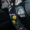 Embroidered Sunflower Lavender Cute Black Steering Wheel Cover, Auto Anti-Slip Breathable Steering Wheel Protector, Butterfly Floral Car Accessories for Women,Universal Size Fit Most Cars -15 inch