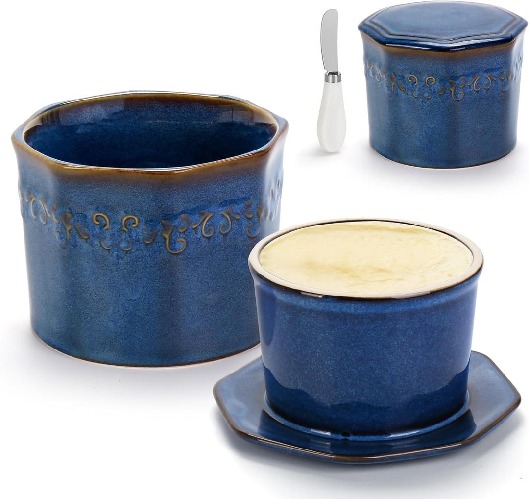 9.8oz Butter Crock for Counter with Water Line, Large Capacity French Butter Dish with Lid & Spreader, Ceramic Butter Keeper for Spreadable Soft Butter ( Blue )