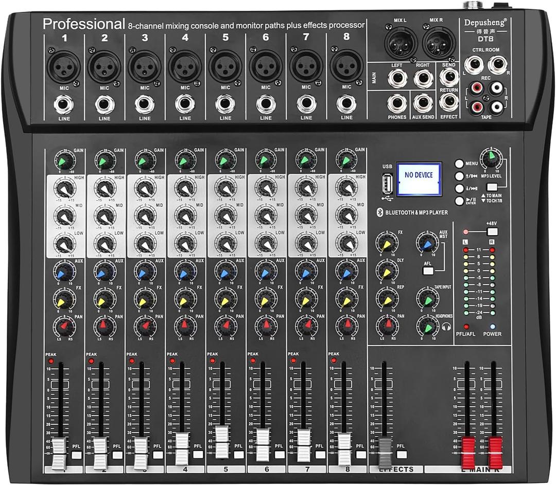 Depusheng DT8 Professional Mixer Sound Board Console 8 Channel Desk System Interface Digital USB Computer MP3 Input 48V Phantom Power Stereo DJ Studio FX Steel Chassis,Black