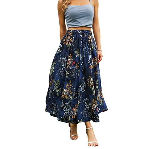 Abaadlw Maxi Skirts for Women with Pockets Long Midi Length Casual Skirt for Beach Party Holiday Blue Floral M