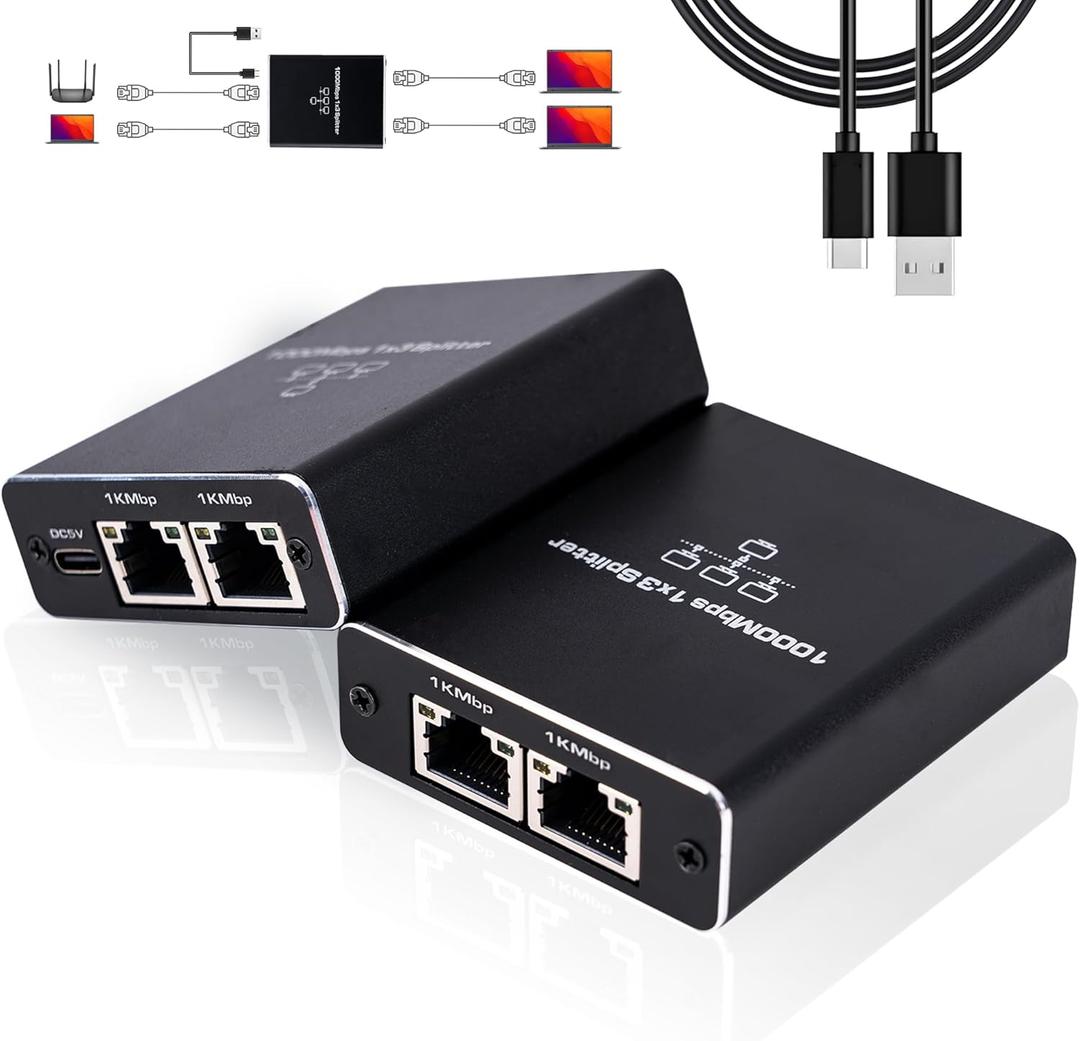 LIEZHUA Upgrade Ethernet Splitter 1 to 3 High Speed 1000Mbps, LAN with USB Power Cable, RJ45 for Cat5/5e/6/7/8 Cable Gigabit Internet [3 Devices Simultaneously Networking]