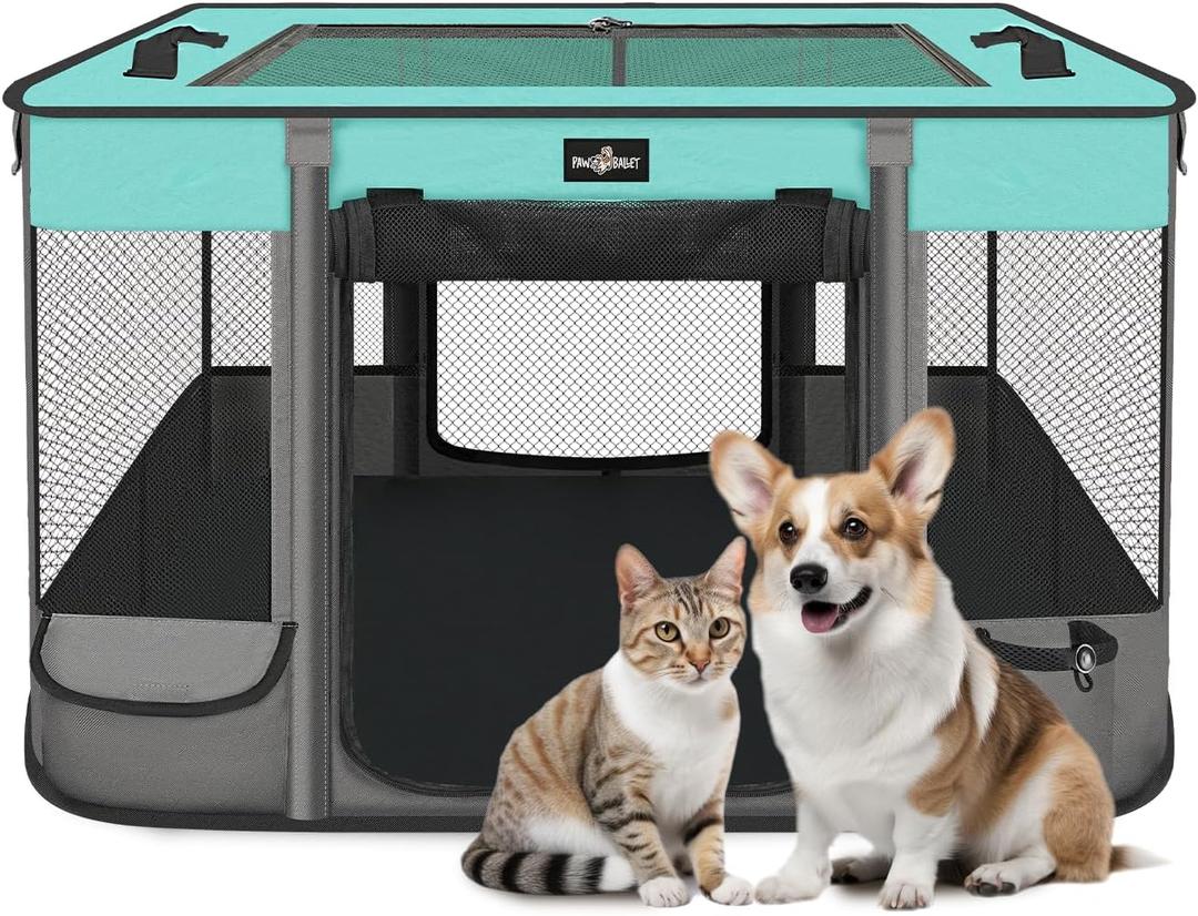 Paw Ballet Foldable Pet Kitten Playpen, Waterproof Portable Dog Cat Playpen Kennel Tent for Small Cat Dog, Retractable Shade Cover with Free Carrying Case, Indoor Outdoor Use for Small Animals, Black Teal 03, Medium(32''×24''×21.5'')