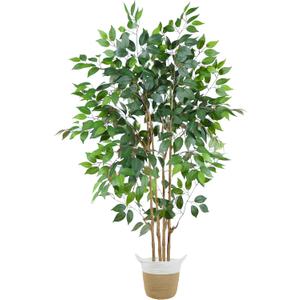 Warmplants Artificial Ficus Tree, 5ft Tall Silk Fake Ficus Leaves Plant with Basket, Indoor Outdoor Faux Greenery Tree for Home Garden Office House Livingroom Dcor