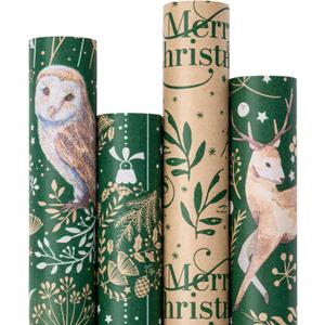 RUSPEPA Christmas Kraft Wrapping Paper - Owl, Reindeer, Christmas Ball and Text Design - 4 Rolls - 30 inches x 10 feet per Roll