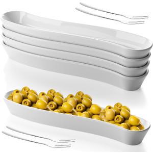 4 Olive Boat Trays with 4 Stainless Steel Forks 12" Long Arc Shape Serving Dishes Ceramic Appetizer Trays Charcuterie Board Accessories for Olives Entertaining Dishwasher Microwave Safe