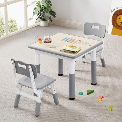 CuFun Kids Table & Chairs Set (2 Chairs) Height Adjustable for Ages 2-8 | Non-Slip Toddler Activity Table with Wipe-Clean Desktop, Montessori Learning & Art Drawing Table for Home Preschool