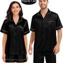 SWOMOG Couples Matching Pajamas Set Satin Short Sleeve Button Down Tops Silk Shorts Pj Lounge Set Soft Sleepwear (Black, M)