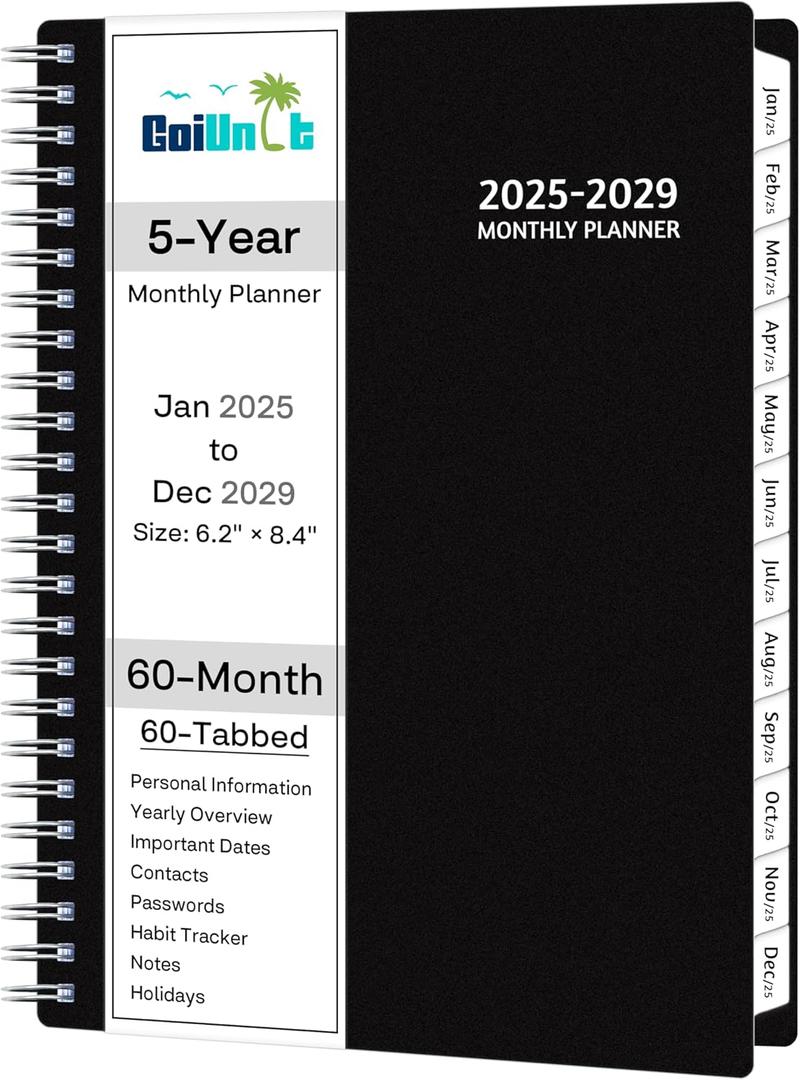Monthly Planner 2025-2029, 5-Year Calendar Planner 2025-2029, Jan 2025  Dec 2029, 6.2 x 8.4 In, Ruled Spread, Flexible Cover, Spiral Wirebound, Pocket, 60 Coated Monthly Tabs, Notes  Habit Tracker