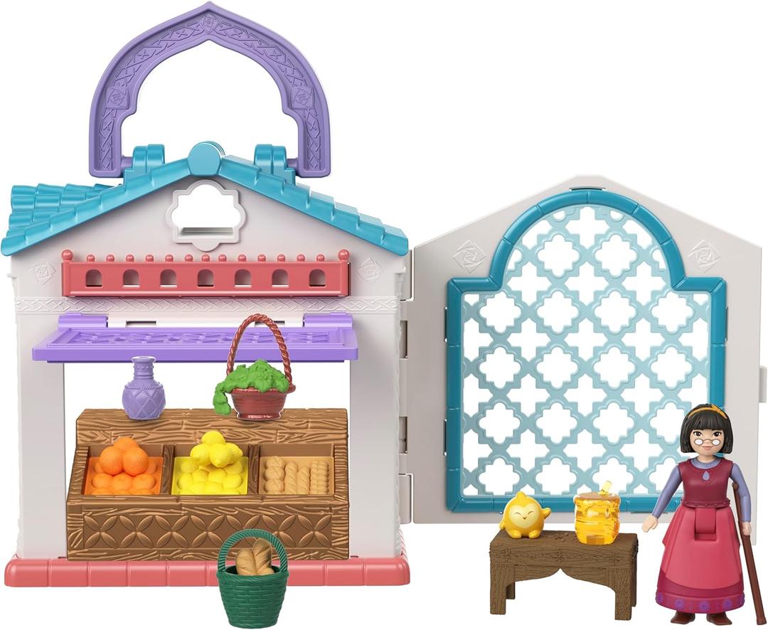 Mattel Disney Wish Micro Doll Playset, Dahlias Rosas Marketplace Portable Set with Dahlia Doll, Star Figure & 9 Accessories, Travel Toy