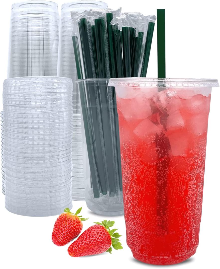Aatriet 32 oz Clear Plastic Cups with Lids and Straws, Disposable Coffee Cups 25 Sets