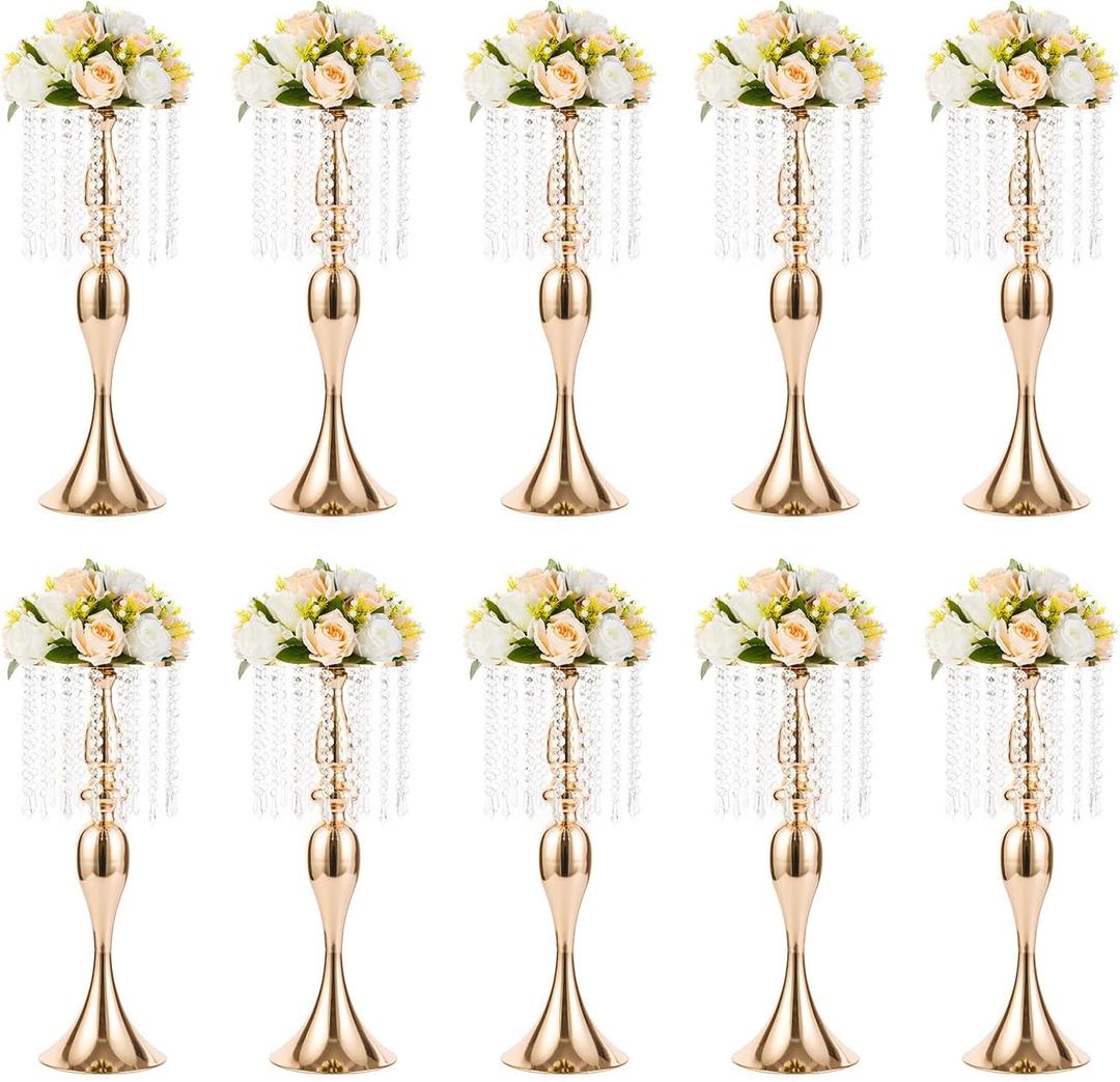 NUPTIO 10 Pcs 21.3 inches Tall Crystal Flower Stand Wedding Road Lead Tall Flower Holders Centerpiece Crystal Flower Chandelier Metal Flower Vase for Reception Tables Wedding Supplies