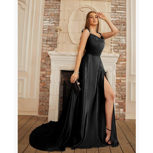 BABYONLINE D.R.E.S.S.Women's Satin Prom Dress Spaghetti Straps Split Bridesmaid Long Formal Wedding Guest Evening Party Gowns, S, Black