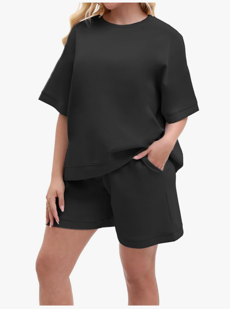 Women's 2 Piece Shorts Set Summer Casual Loungewear with Short Sleeve Oversized Top Wide Leg Pants with Pockets Size L