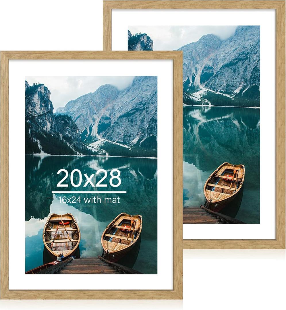 20x28 Picture Frame Set of 2, Natural Oak Wood Style - Display 16x24 Picture with Mat or 20 x 28 Poster without Mat, Wall Mounting Horizontal and Vertical