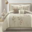 Beige California King Comforter Set, 7 Pieces Bed in a Bag, Elegant Floral Leaves Embroidery, Soft and Lightweight All Seasons Bedding Set, Bedskirt, Pillow Shams, Decor Pillows