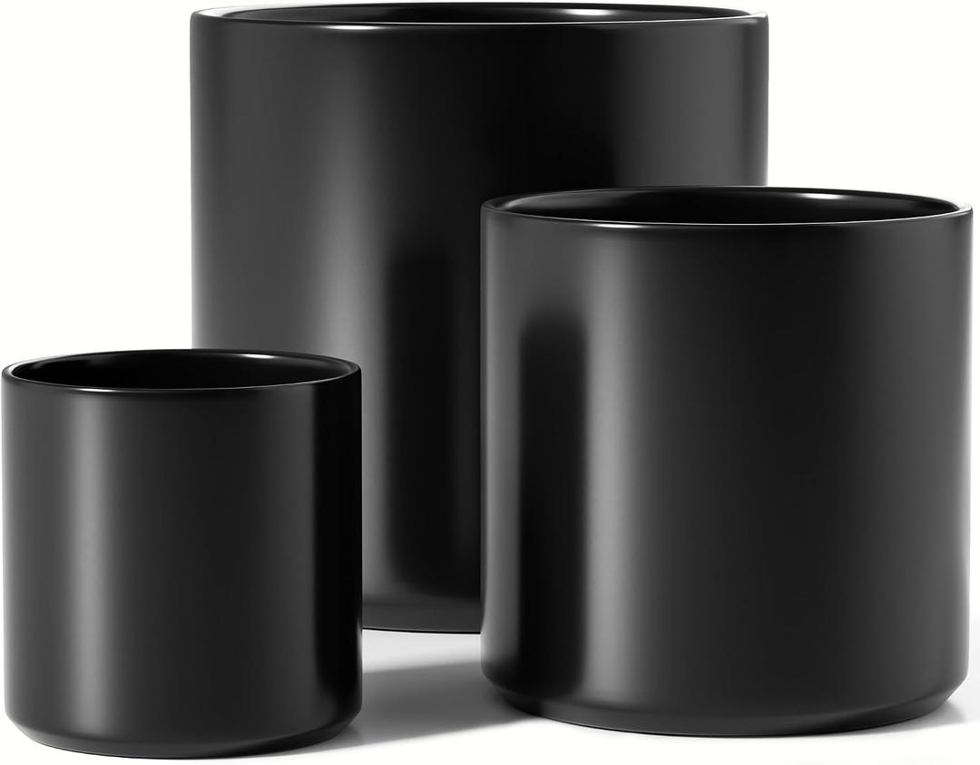 LE TAUCI 10+8+6 Inch Ceramic Pots for Plants, Indoor Planters with Drainage Hole and Plug, Modern Cylinder Flower Pots Set of 3 for Office and Living Room, Satin, Black, Medium