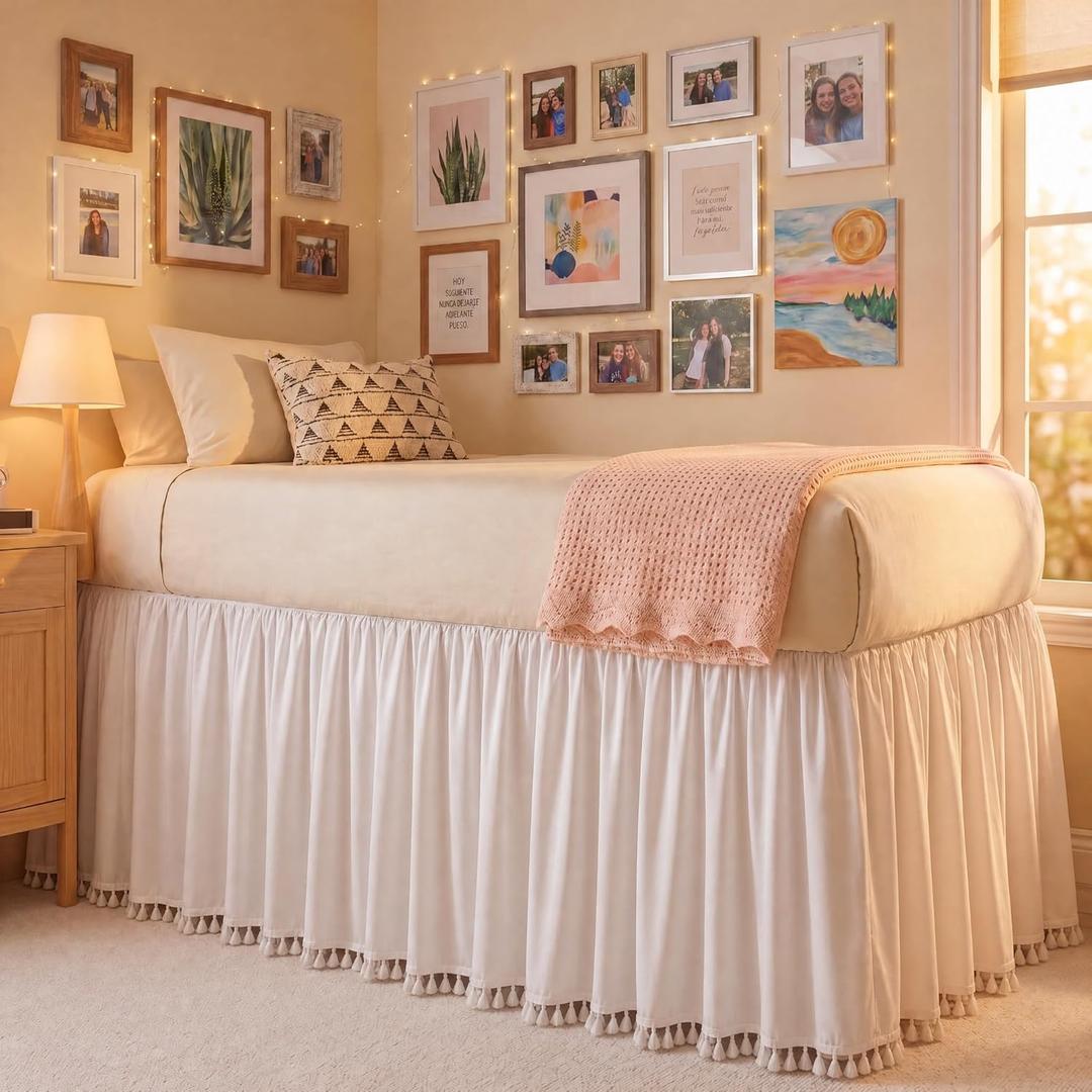 Fanfanwin Dorm Room Bed Skirt Twin XL 36 Inch Drop Extra Long Bedskirt White Boho with Tassel Washable Elastic Dust Ruffle Back to School Student Gifts for College High School Bedroom Supplies Fabric