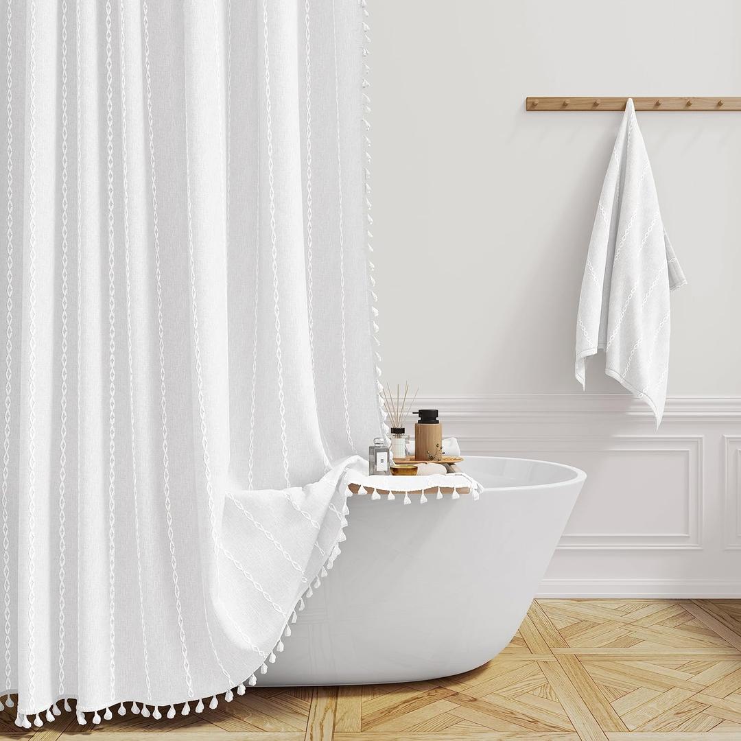 BTTN Extra Long Shower Curtain, 72x84 Inch Long Boho Tassel Linen Fabric Thick Shower Curtain Set with Plastic Hooks, Large Modern Farmhouse Country Decorative Cloth Shower Curtain for Bathroom, White