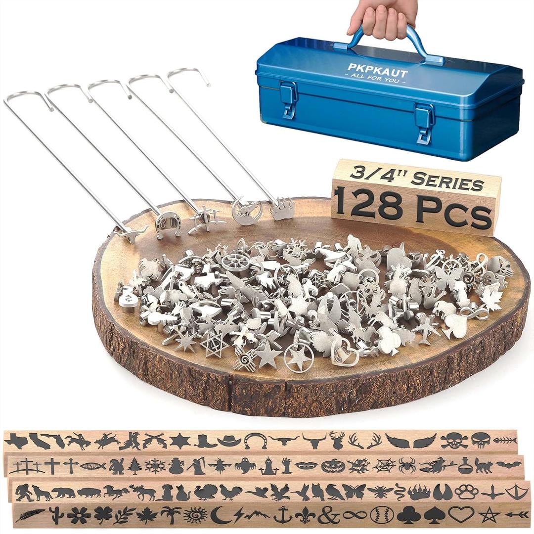 PKPKAUT Mini Branding Irons, Assorted Characters Custom Wood Branding Iron Personalized for Wood Working, Leather Hat, Felt, Cowhide, BBQ Brander & Bread Logo, Steak Branding Iron for Food and More (128PCS 3/4" Assorted Characters Full Set)