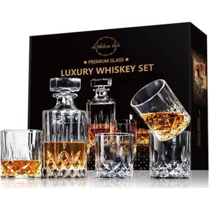 LIGHTEN LIFE Whiskey Decanter Set for Men - Whiskey Decanter with 4 Whiskey Glasses in Gift Box, Non-Lead Glass for Bourbon and Liquor - Perfect for Dad, Husband, Retirement, Whiskey Lovers