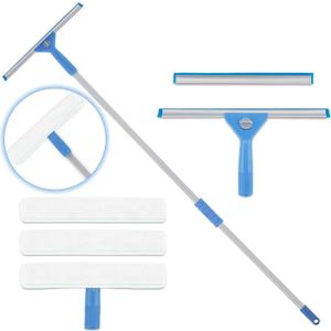 AMERWASH PLUS Window Squeegee Washing Kit for High Window, Shower Glass Door, Mirror Cleaning, with 69-inch Extension Pole, Extra 14'' Wide Squeegee and 2 Microfiber Scrubbers Included