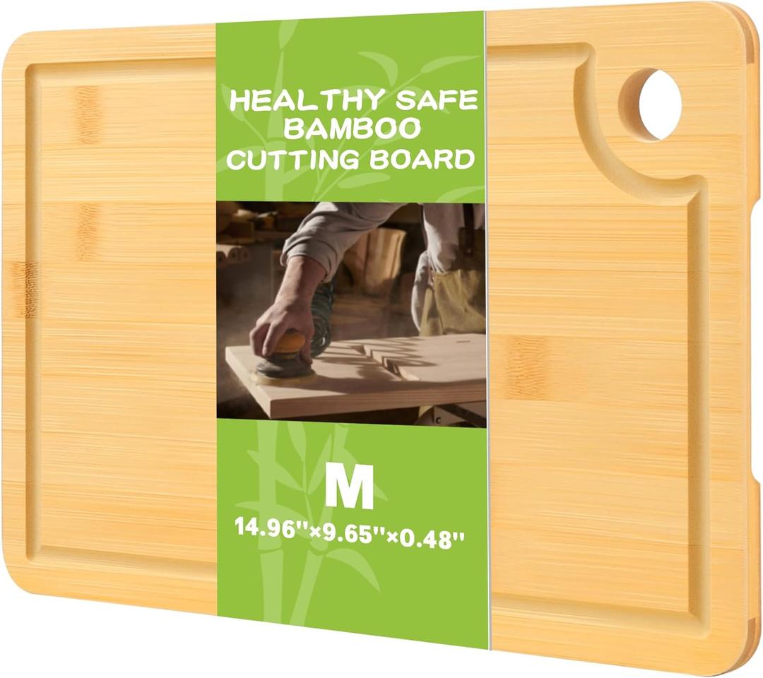Bamboo Cutting Boards for Kitchen 14.9" x 9.6", Reversible Wood Cutting Board with Juice Groove & Side Handles, Chopping Board for Meat & Cheese, 100% Organic Bamboo