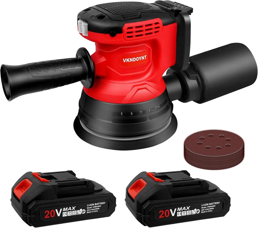5 Inch Brushless Orbital Sander with 2Pcs 2.0Ah Batteries, 20V Cordless Electric Sander, 3 Variable Speeds 6000-12000 RPM Sanders for Woodworking, 30 Pcs Sandpapers and Dust Collection Bag
