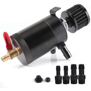 Oil Catch Can Kit with 4 Adapters + Breather Filter Drain Valve Plug 2 Ports (1 outlet + 1 inlet) 150ml Universal Aluminum Baffled Oil Reservoir Tank Oil Separator HTRACING (Red) (black)