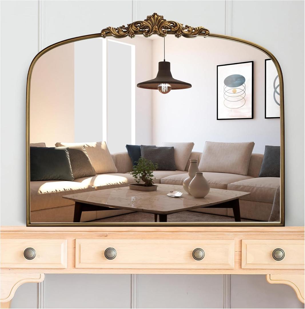 Vintage Gold Arched Wall Mirror 36"x30"  Ornate Baroque Style Antique Brass Frame, Decorative Large Mirror for Entryway, Living Room, Fireplace, Hallway, Bathroom