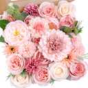 Pink Flowers Artificial Roses Combo Set Fake Pink Silk Flowers Faux Peony Flowers Mix Chrysanthemum Dahlia with Stems for Wedding Bouquets Baby Bridal Shower Party Floral Arrangements Decor