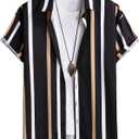 WDIRARA Men's Striped Button Front Short Sleeve Shirt Top Casual Shirts Collar Tops (Medium, Black)