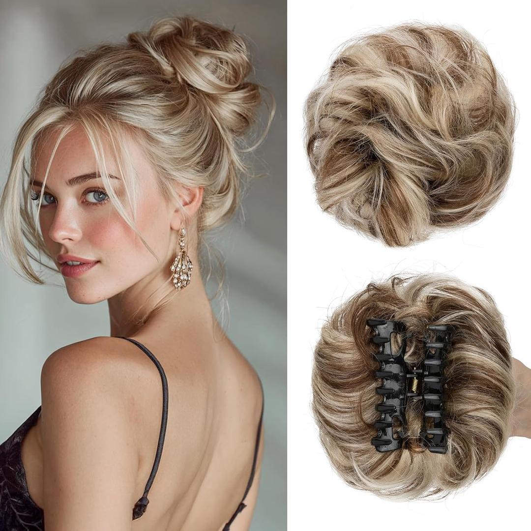 Rich Choices Claw Clip Messy Bun Hair Piece 100% Real Human Hair,Curly Wavy Thick Chignon Hair Extensions,Tousled Updo Hair Buns for Women 42g #4P613 Medium Brown Highlighted Bleach Blonde