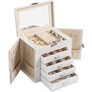 Frebeauty 5-layer Jewelry Box,Faux Leather Jewelry Organizer with 4 Drawers,Jewelry Organizers and Storage with Mirror,Jewelry Holder Organizer for Necklace,Jewerly Boxes for Women Girls(White) (Medium)