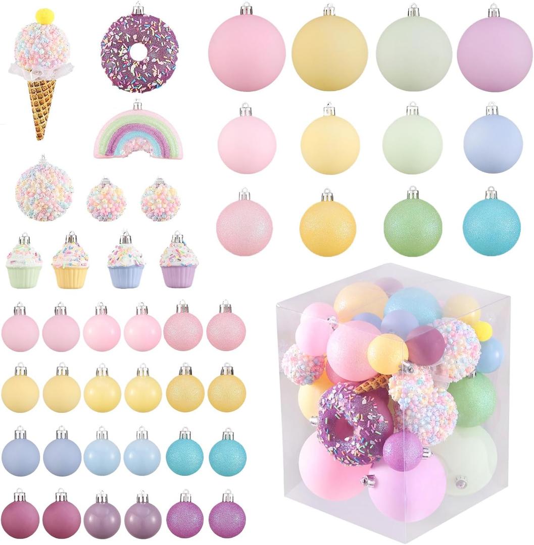 46 Pcs Pastel Color Shatterproof Christmas Ornament Set -3D Ice Cream, Donut & Cake Dessert Decorations for Candyland Xmas Party, Holiday Tree Decor, Sweet - Themed Gathering & Home Decor