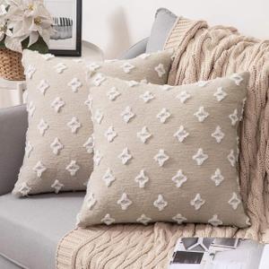 MIULEE Set of 2 Decorative Throw Pillow Covers Rhombic Jacquard Pillowcase Eruo Sham Large Spring Soft Square Cushion Case for Couch Sofa Bed Bedroom Living Room, 24x24 Inch, Beige