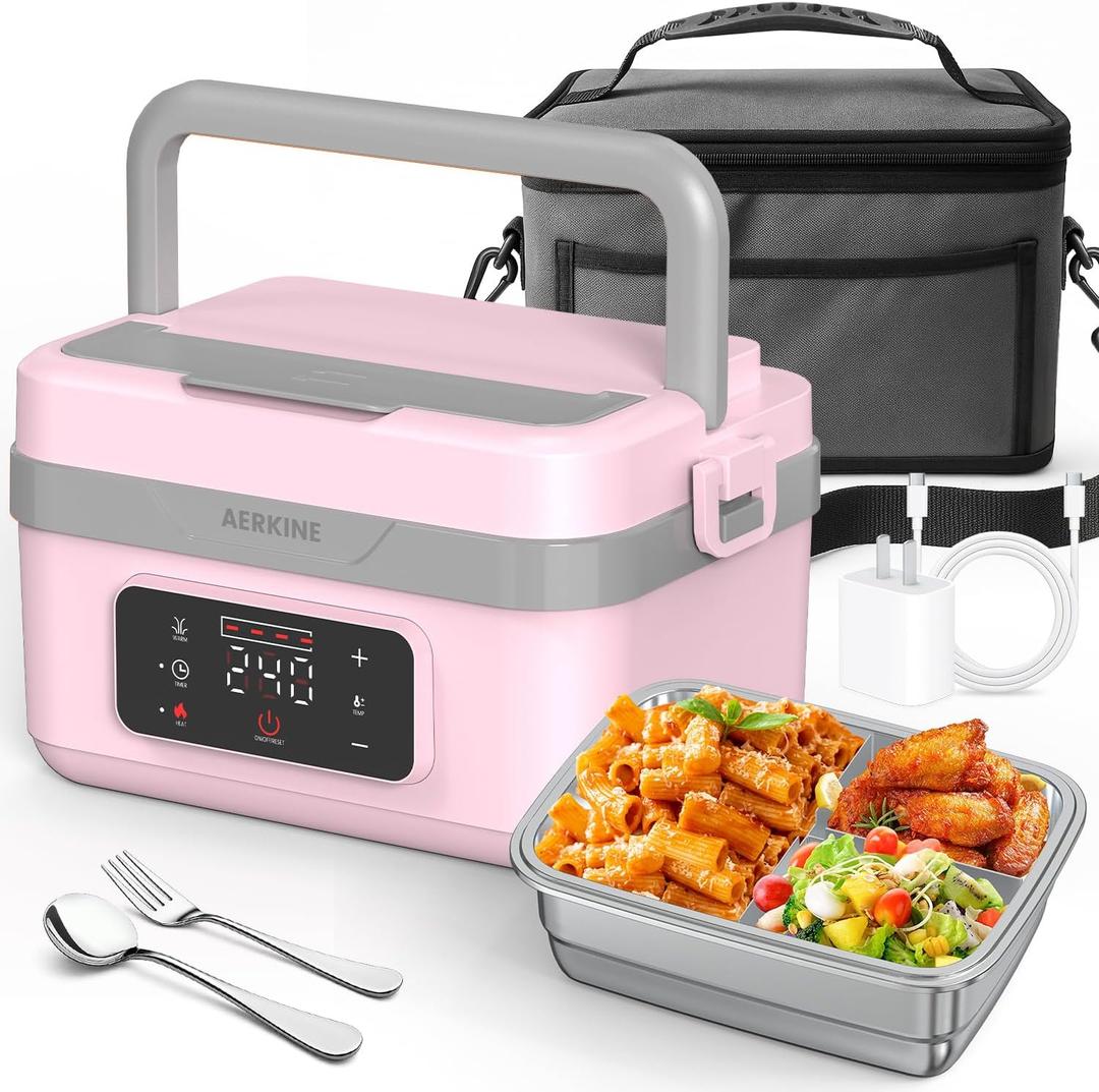 Electric Lunch Box For Adults - Rechargeable 75W Self-Heating Food Warmer with 6.3 Cups(1.5L) Stainless Steel Container, Heated Lunch Box For Office, Picnic, Car & Outdoor Use(Pink)