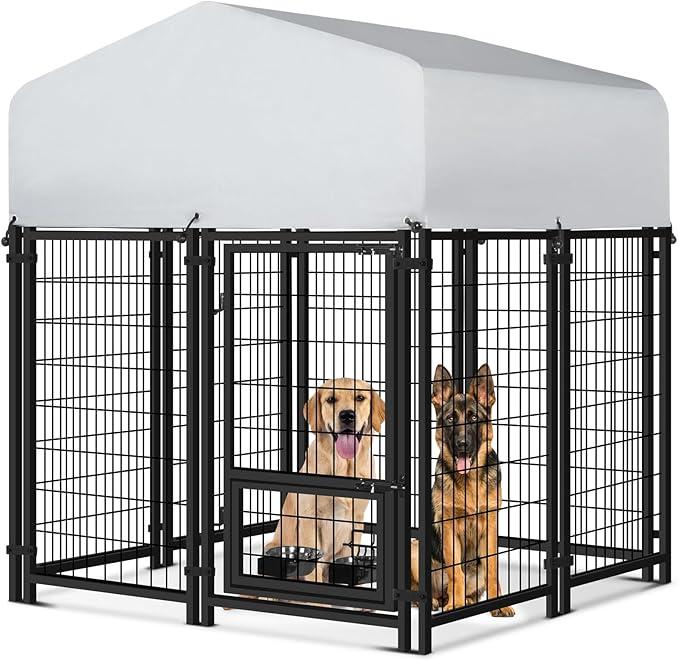 Vagger 4x4x5FT Outdoor Dog Kennel for Large Dogs,Extra Large Welded Wire Fence Playpen for Outside,Newly Upgraded Security Door Lock and Panel Connector/UV-Resistant Waterproof Roof Cover