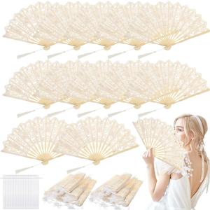 12 Pcs Lace Folding Handheld Fan for Wedding Cotton Embroidered Bridal Hand Fan with Bamboo Staves and Silk Tassels Vintage Retro for Guests Women Wedding Bridal Shower Party Favors (Beige)