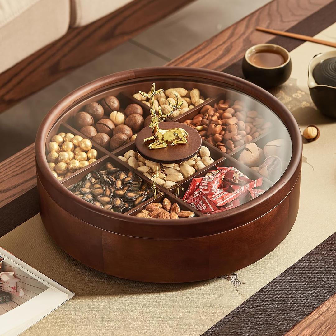 12" Wooden Serving Tray with Lid, 360° Rotating Snack Try, 9 Compartments, Platter Organizer for Snacks, Candy, Nuts, Chips, Tray for Party, Family Dinner for Mom