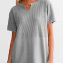 SHEWIN Womens Casual V Neck Waffle Knit Tops Short Sleeve T Shirts Loose Blouses (Gray, L)