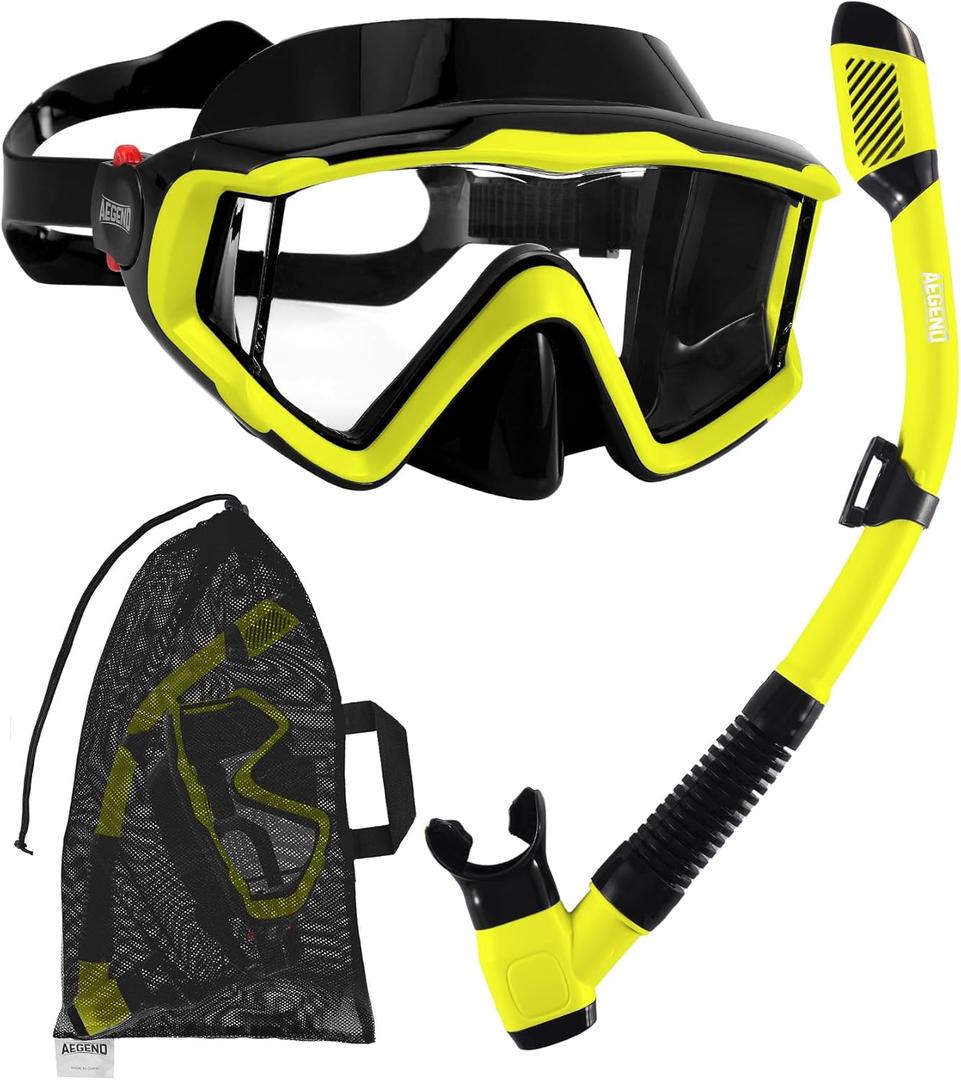 Aegend Snorkeling Gear for Adults Youth Kids, Snorkel Mask with Top Dry Valve - Panoramic View Anti-Leak and Anti-Fog with Mesh Bag for Snorkeling, Scuba Diving, Freediving & Swimming (Golden)