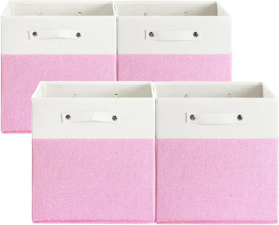 13 x 13 Inch Fine Linen Storage Bins with HandlesFabric Cube BoxsBasket Organizers for Shelves for Home, Closet Drawers (White/Pink-4 Pack)
