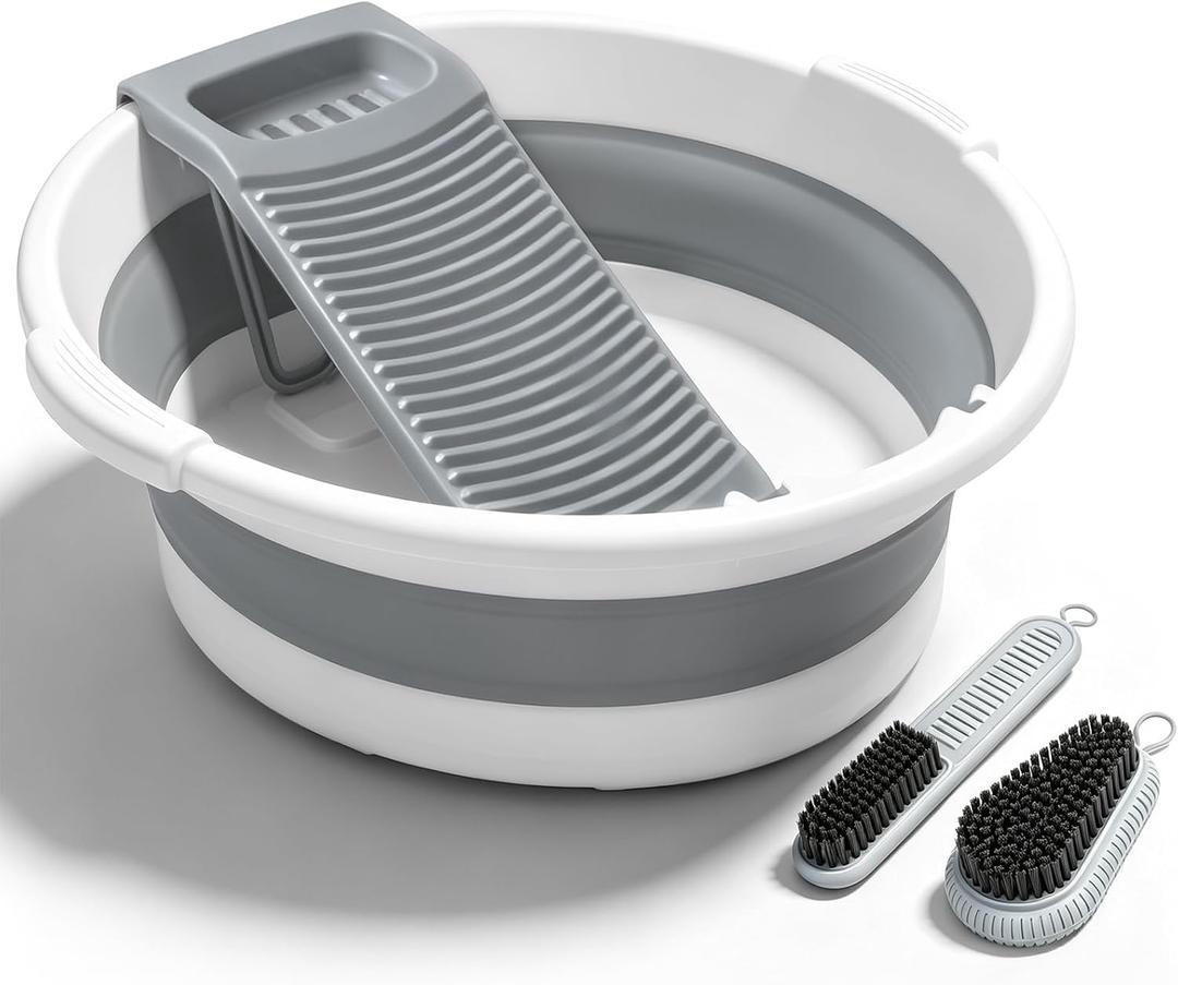 Lounsweer Large Collapsible Washboard Basin for Hand Washing Clothes with 2 Cleaning Brushes Portable Folding Laundry Tub with Non-Slip Washtub for Home Travel Camping, 19.7 x 19.7 x 7 inches