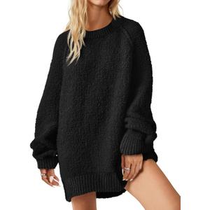 Saodimallsu Women's Oversized Sweater 2026 Spring Trendy Fuzzy Crew Neck Long Sleeve Casual Tunic Sweaters (X-Large, Black)
