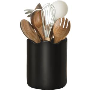 Ceramic Utensil Holder for Kitchen Counter, 6.2" Kitchen Utensil Holder with Cork Bottom for Countertop, Modern Scalloped Cooking Tool Organizer for Spatula, Matte Black